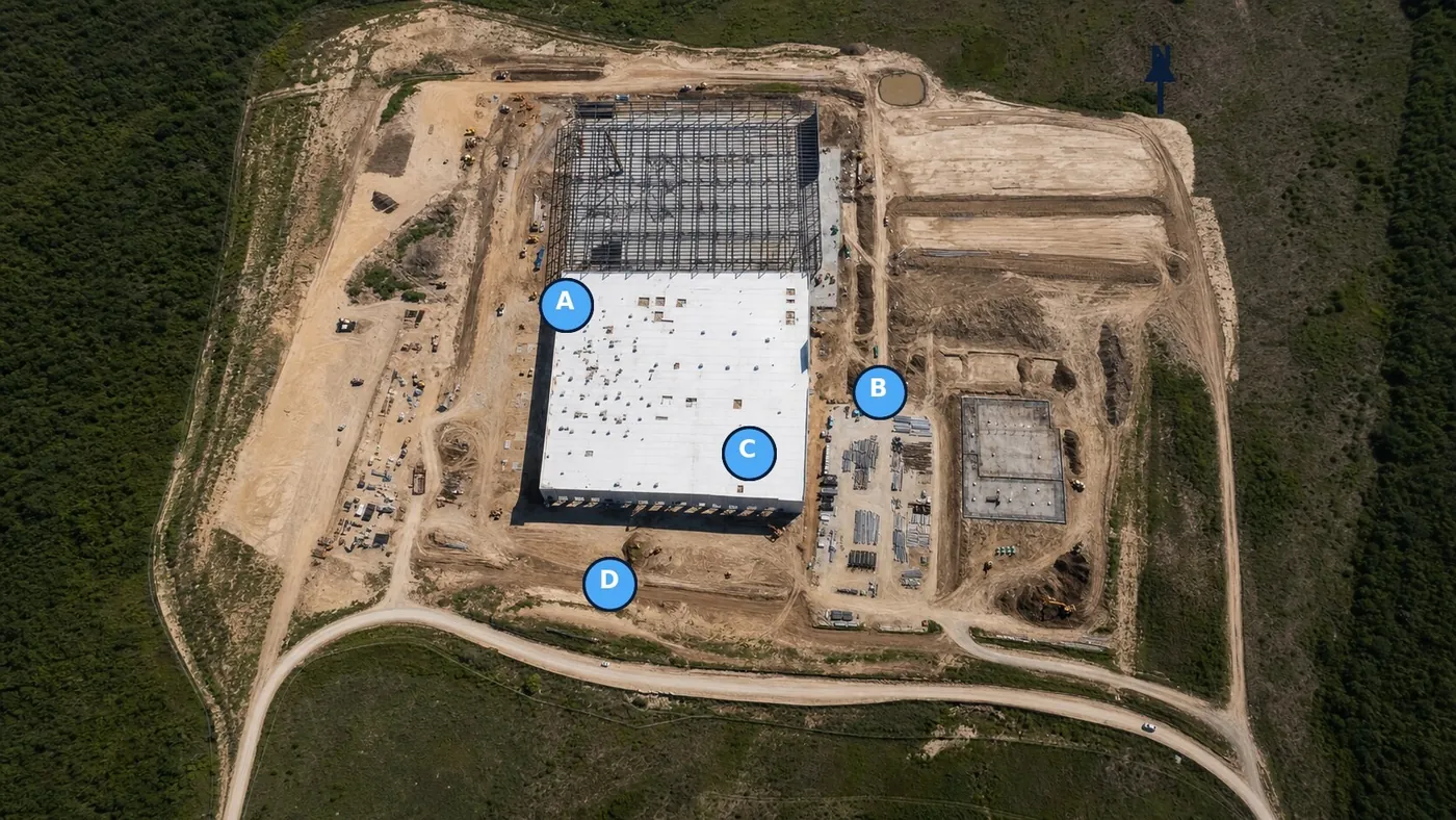 Illustrative overhead construction site overview with numbered observation markers